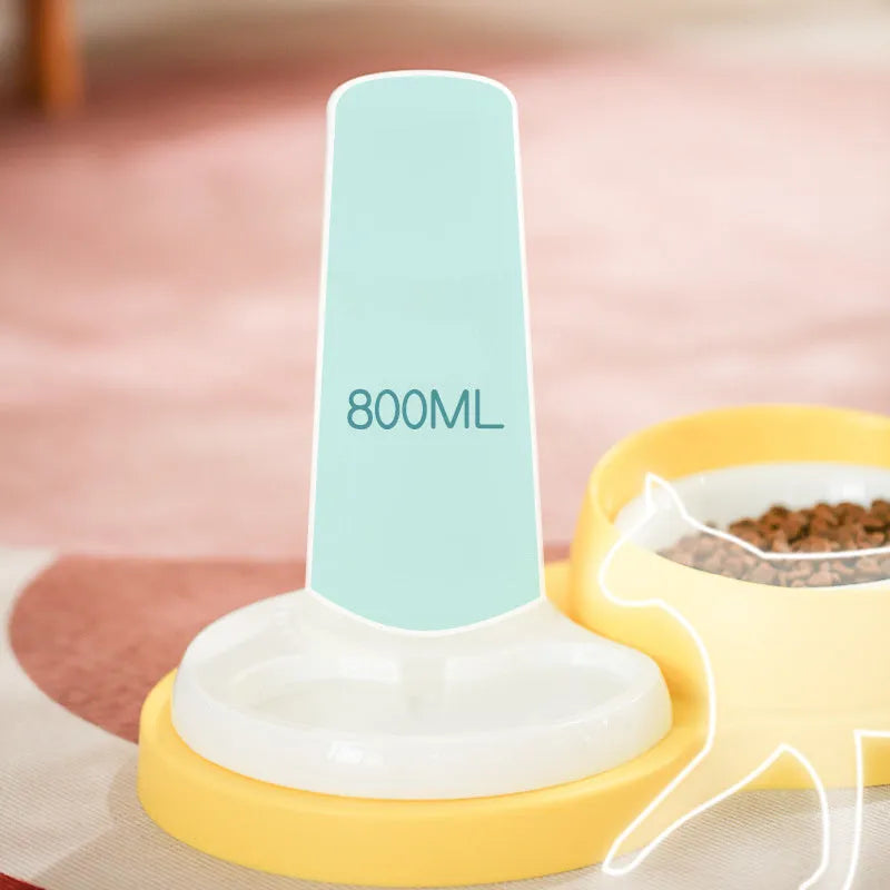 Grey and yellow pet dual feeding bowl with neck protection and non-slip design