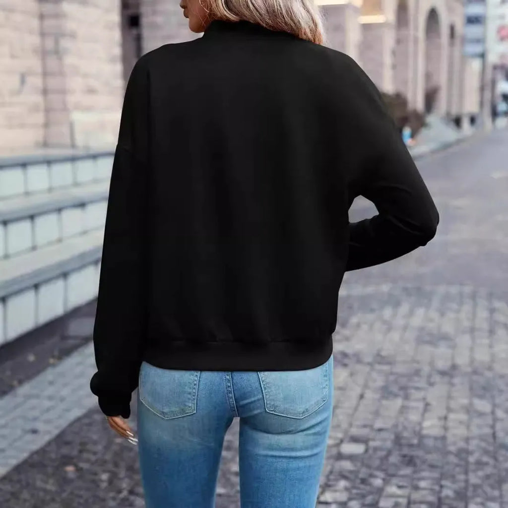 Black women's casual zip-front jacket with long sleeves for autumn and winter wear