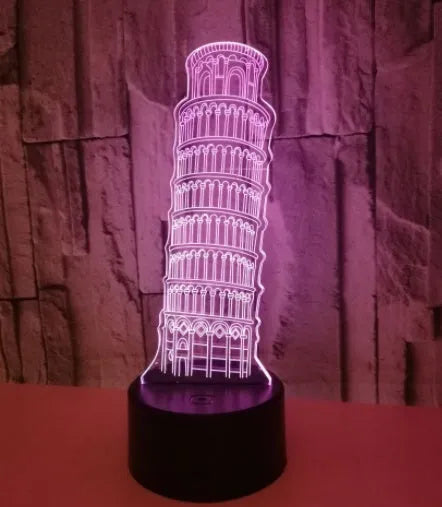 Leaning Tower of Pisa 3D acrylic nightlight with colour-changing LEDs on a black base