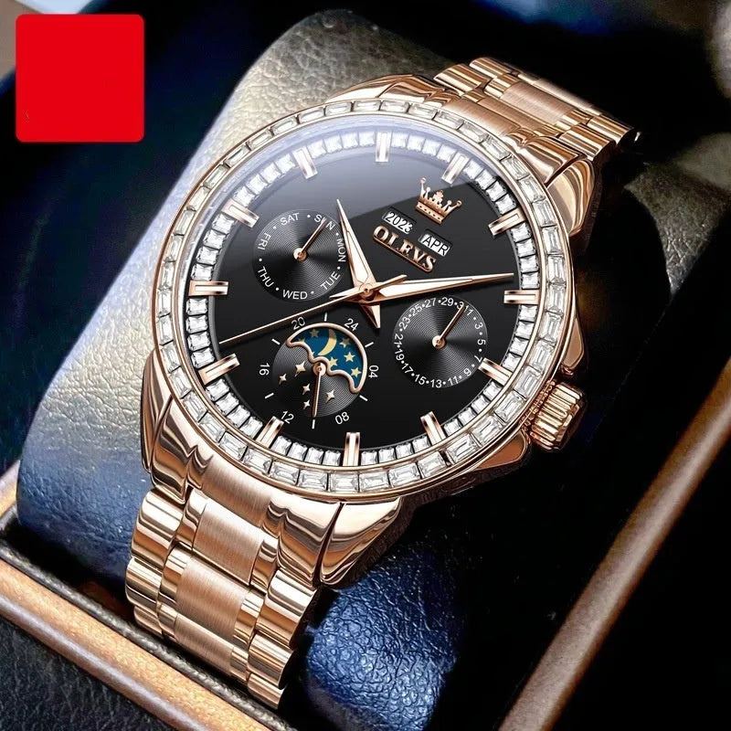 Men's automatic mechanical watch with diamond dial on stainless steel bracelet