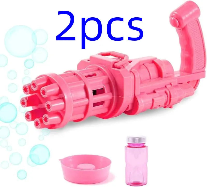 Child holding a pink, gold, or black ABS plastic bubble machine gun toy blowing bubbles.