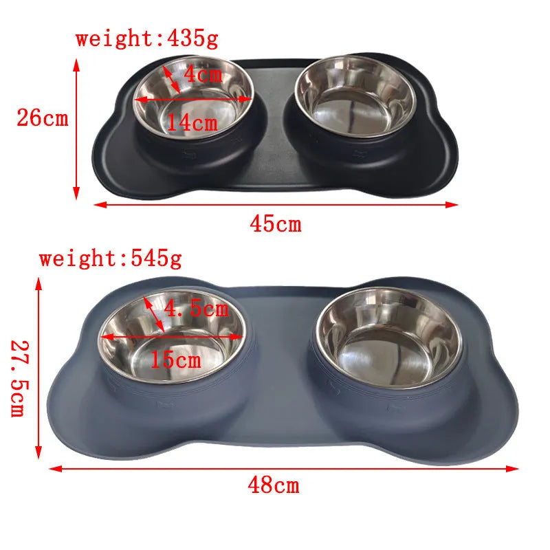Large silicone double dog bowl with stainless steel food and water inserts in blue colour