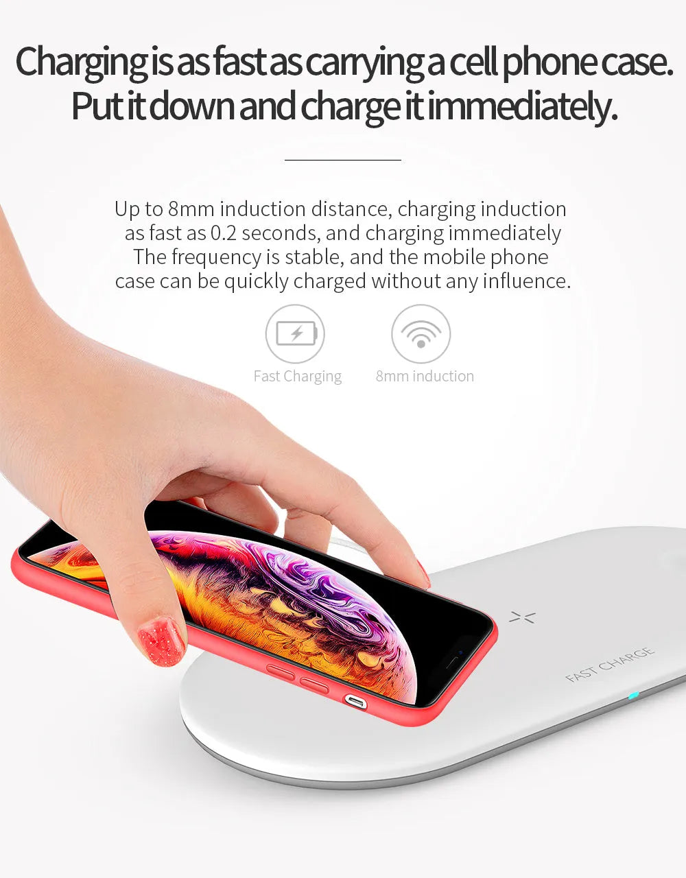 Black and white three-in-one wireless charging station for iPhone, Apple Watch and headphones on a desk.