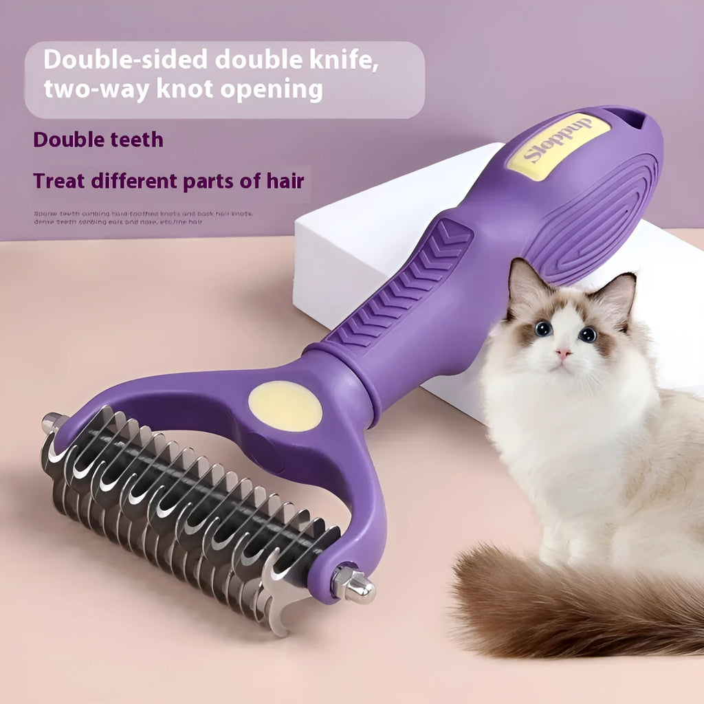 Purple double-sided plastic pet comb for untying knots on dogs and cats.