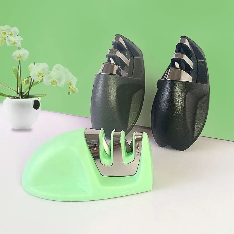 Mini two-stage knife sharpener in PP and 201 stainless steel, mouse-shaped, shown in one of ten colour options.