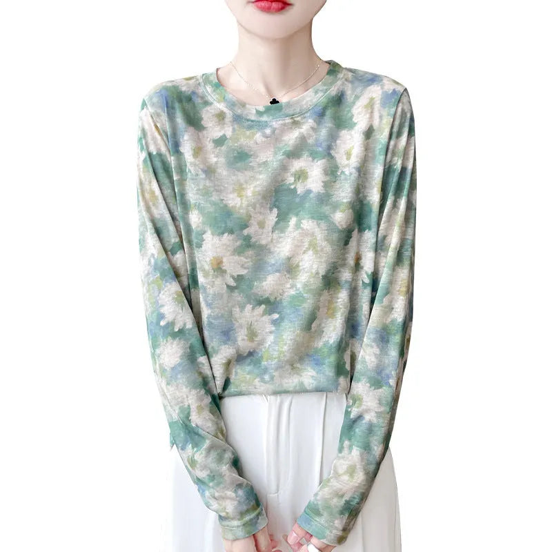 Round neck Tencel Cotton pullover shirt with a printed floral design, shown in a basic silhouette with regular sleeves.