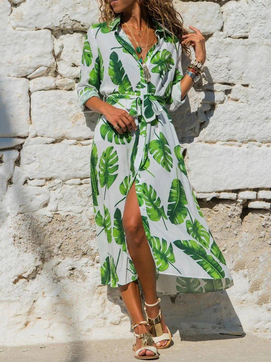 Women's Madrid Vintage print chiffon A-line dress with high waist and V-neck.