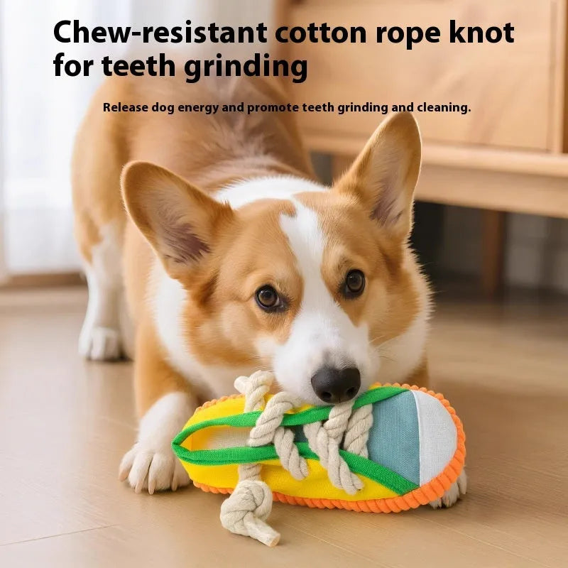 Sound slippers dog toy with self-hi relieving movement and molar chewing texture in plastic construction