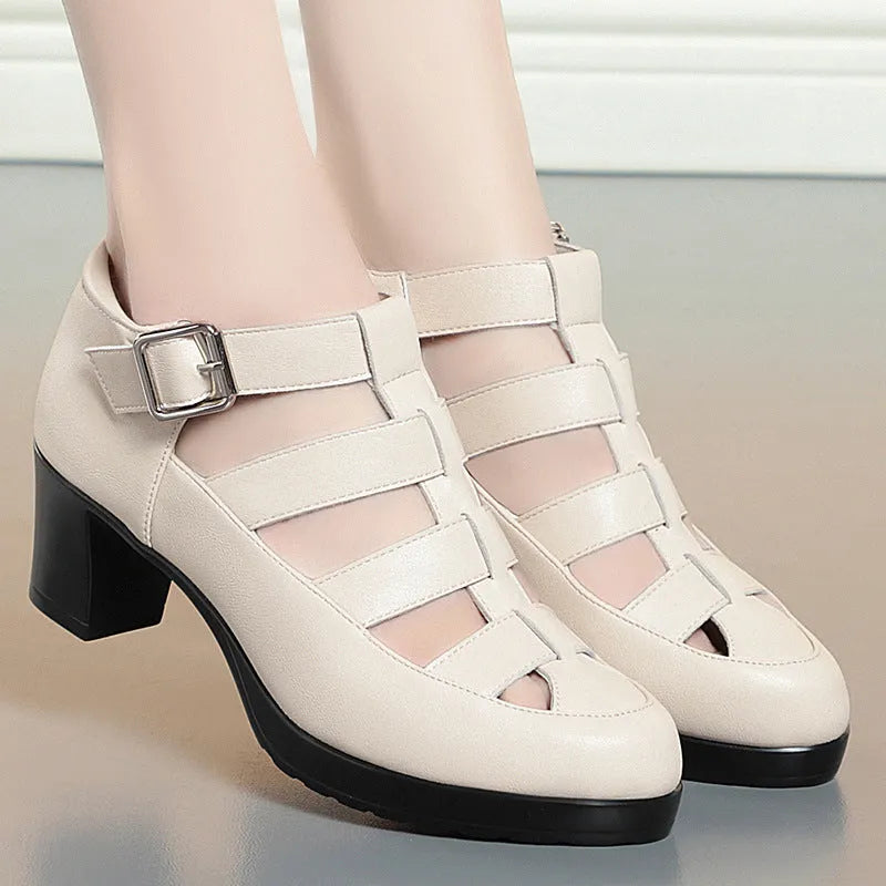 Women's beige closed toe sandals with woven design, ankle strap buckle, and chunky heel