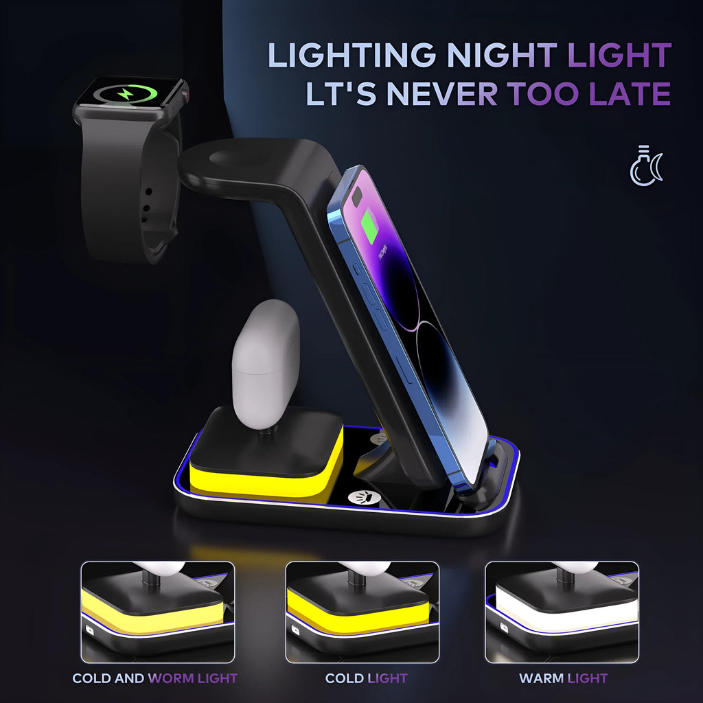 Black vertical wireless charger with phone watch and earbuds charging simultaneously
