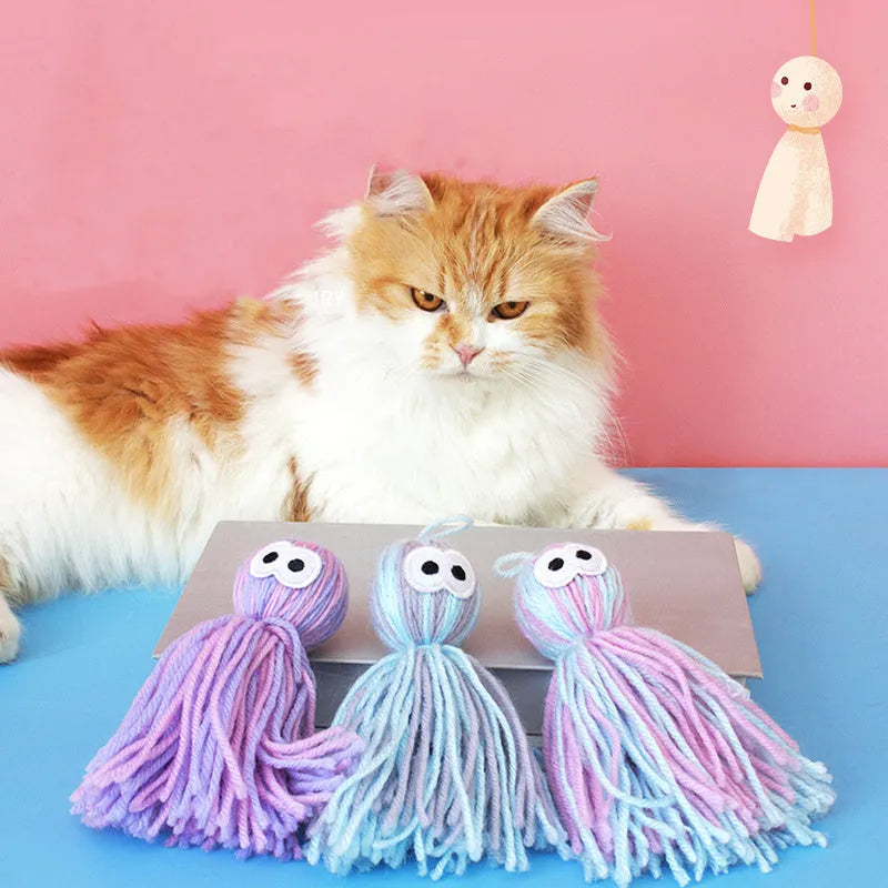 Bite-resistant hangable wool cat ball and teaser stick toy set for feline play and teeth grinding