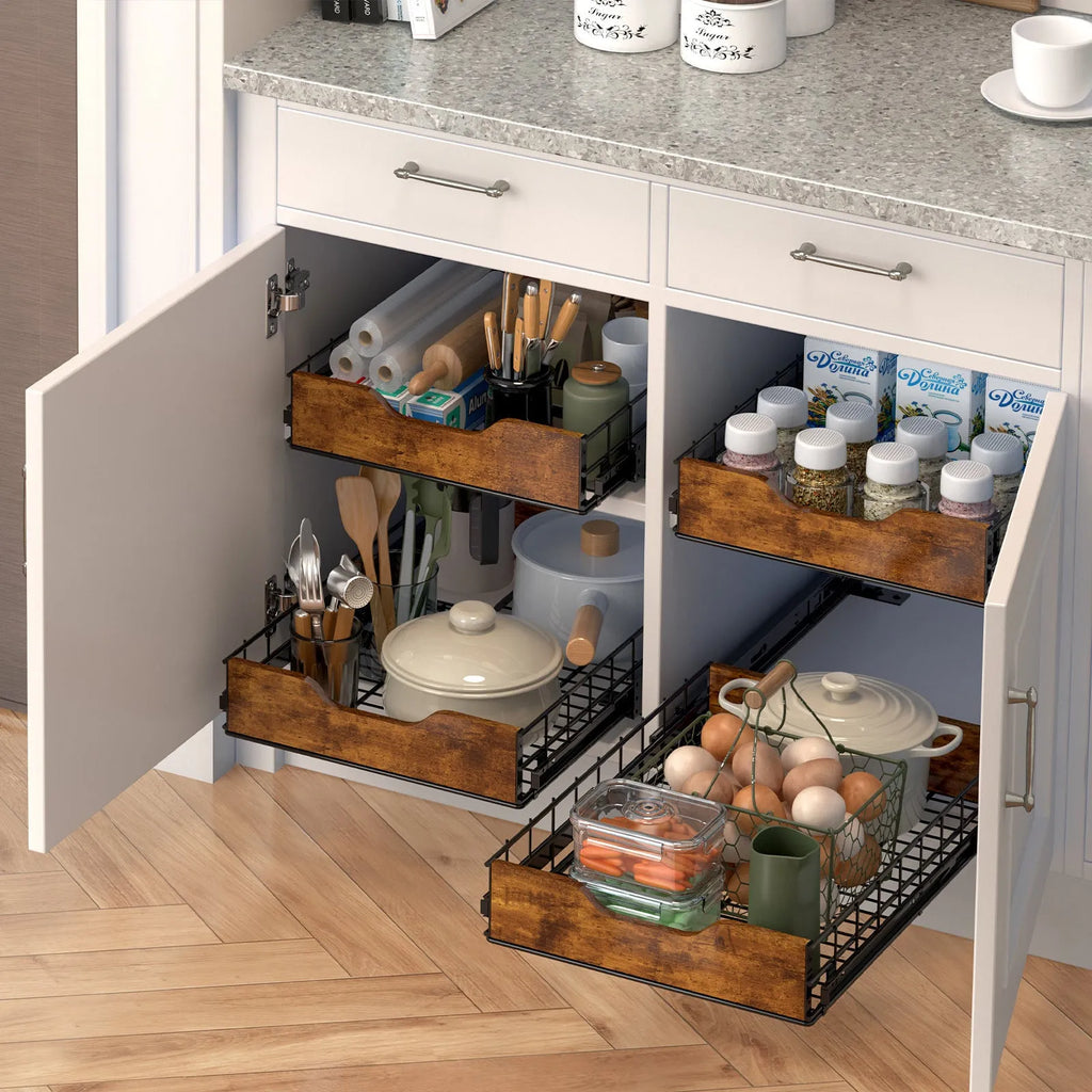 Black household storage basket drawer rack with wood and iron construction and pull basket design