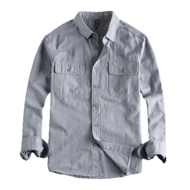 Men's loose long sleeve cardigan overalls in light grey polyester fabric.