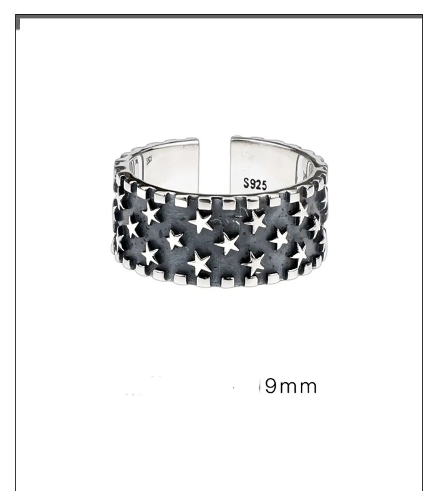 Adjustable open-ended sterling silver ring with a five-pointed star design.