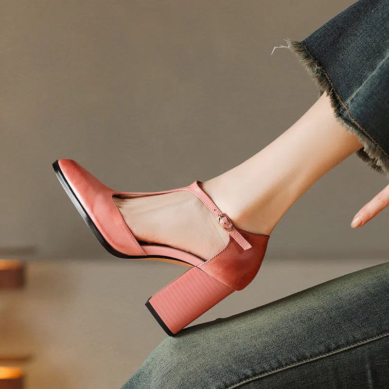 Retro pointed Mary Jane shoes with hollow design in dark brown and pink featuring cowhide upper and buckle strap