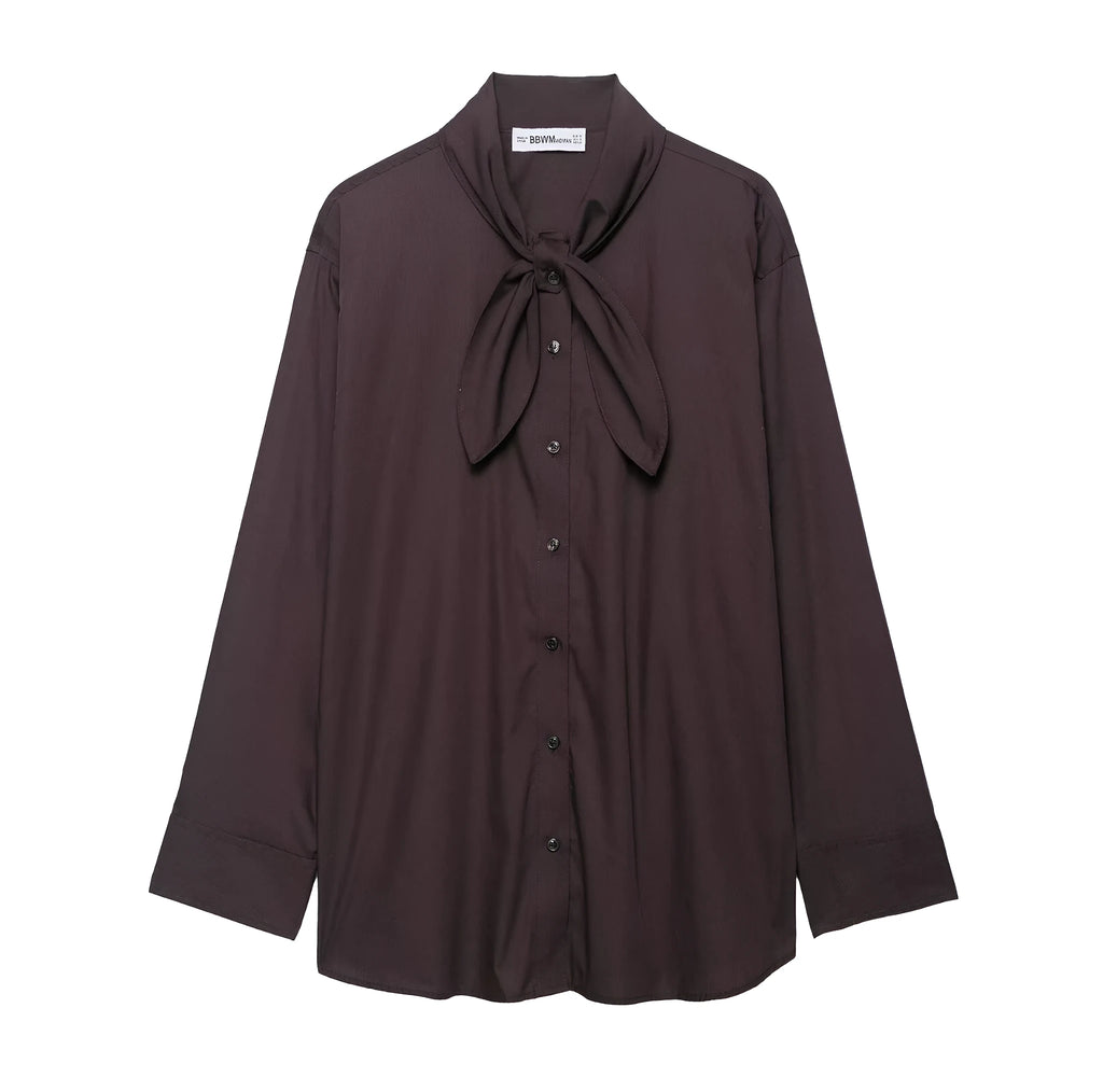 Brown women's poplin shirt with bow tie detail and long sleeves in loose fit