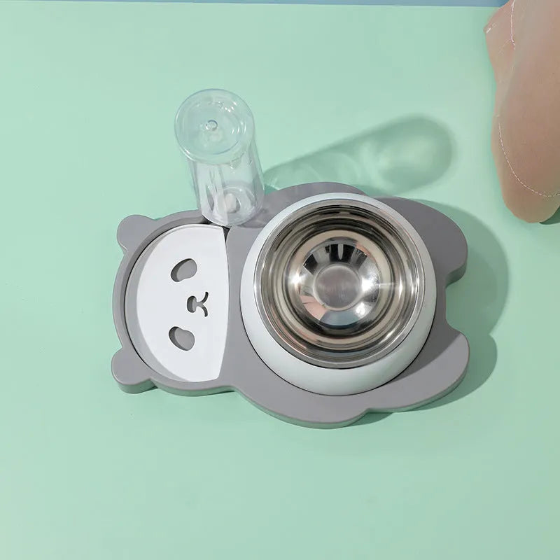 Panda-shaped elevated pet food and water bowl set with automatic dispenser bottle on stable base