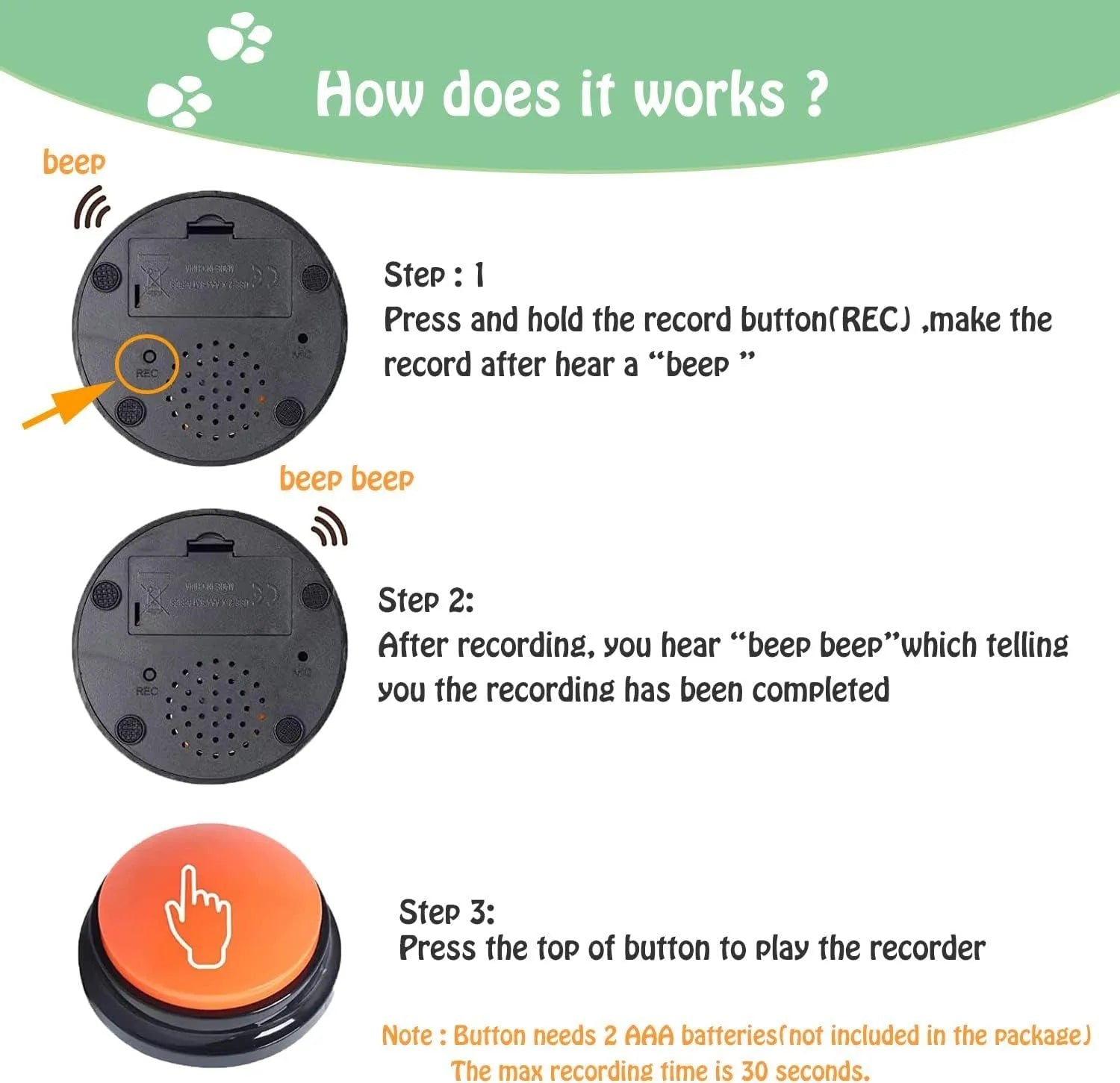 Voice recording button for pet training with 30-second capacity in five colour options