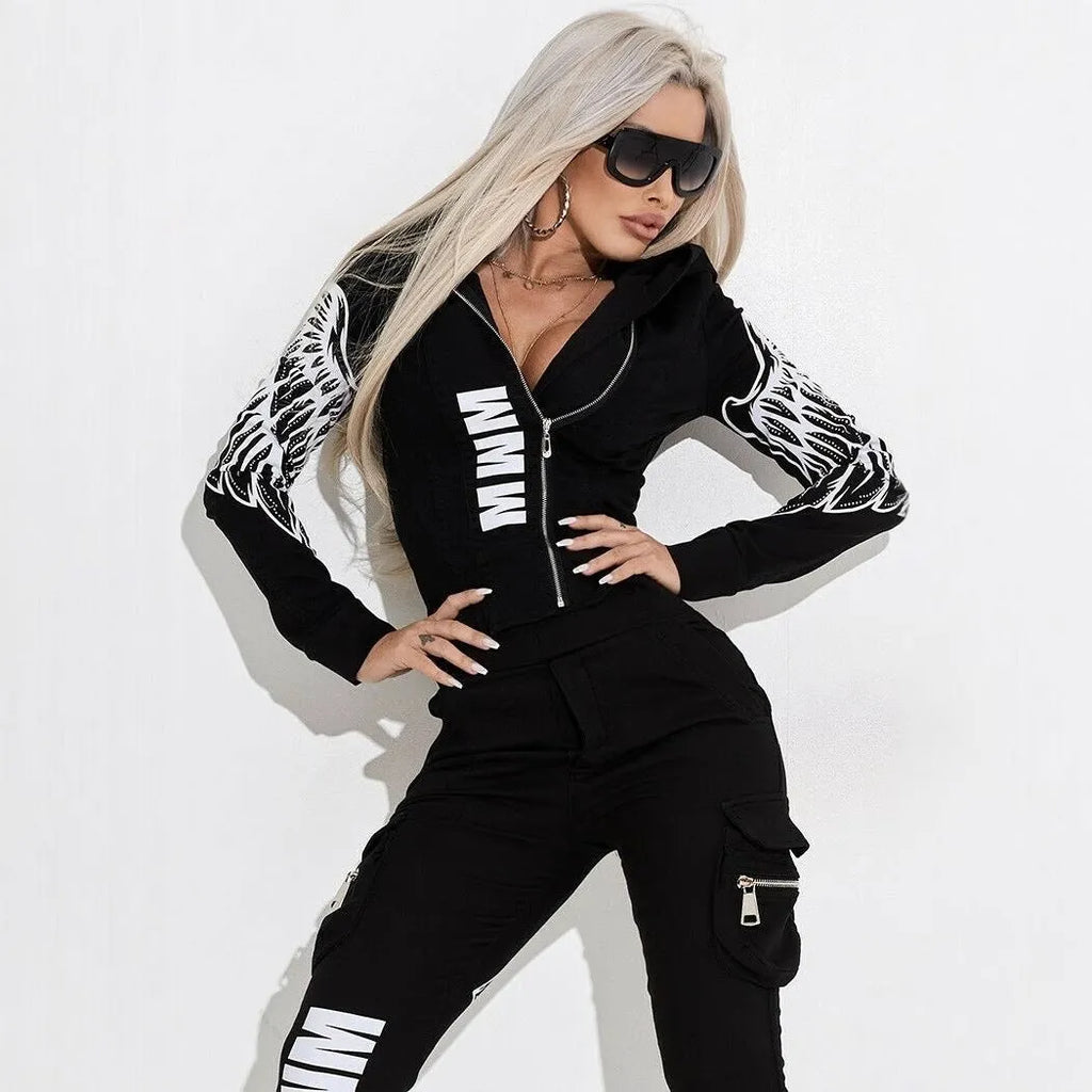 Black women's casual suit with wings printing pattern featuring hooded top and trousers