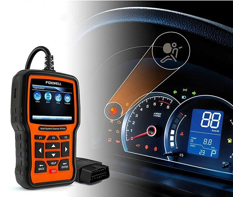 Foxwell NT510 orange and black automotive diagnostic scanner with screen and data cable.