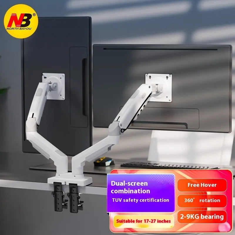 Dual monitor desk mount bracket in black or white with height adjustment mechanism