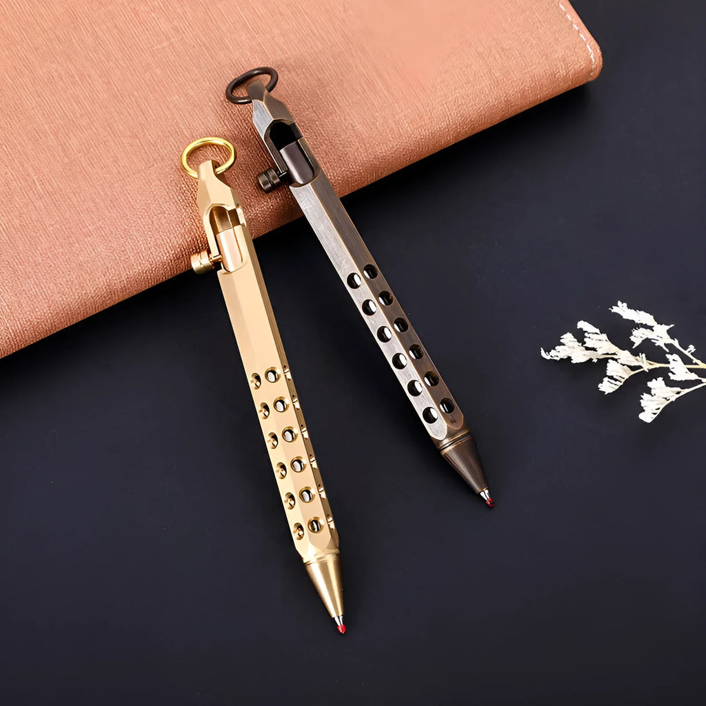 Brass hexagonal bolt roller pen with a 0.5mm tip shown in natural brass and retro black colours.