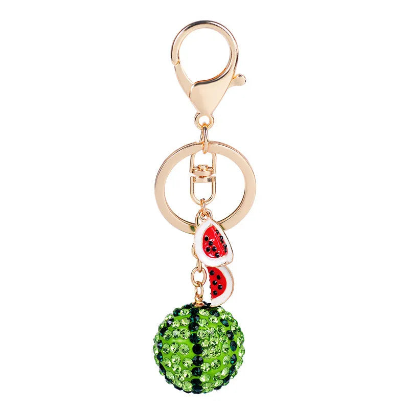 Green watermelon slice keychain made from zinc alloy measuring 12cm long