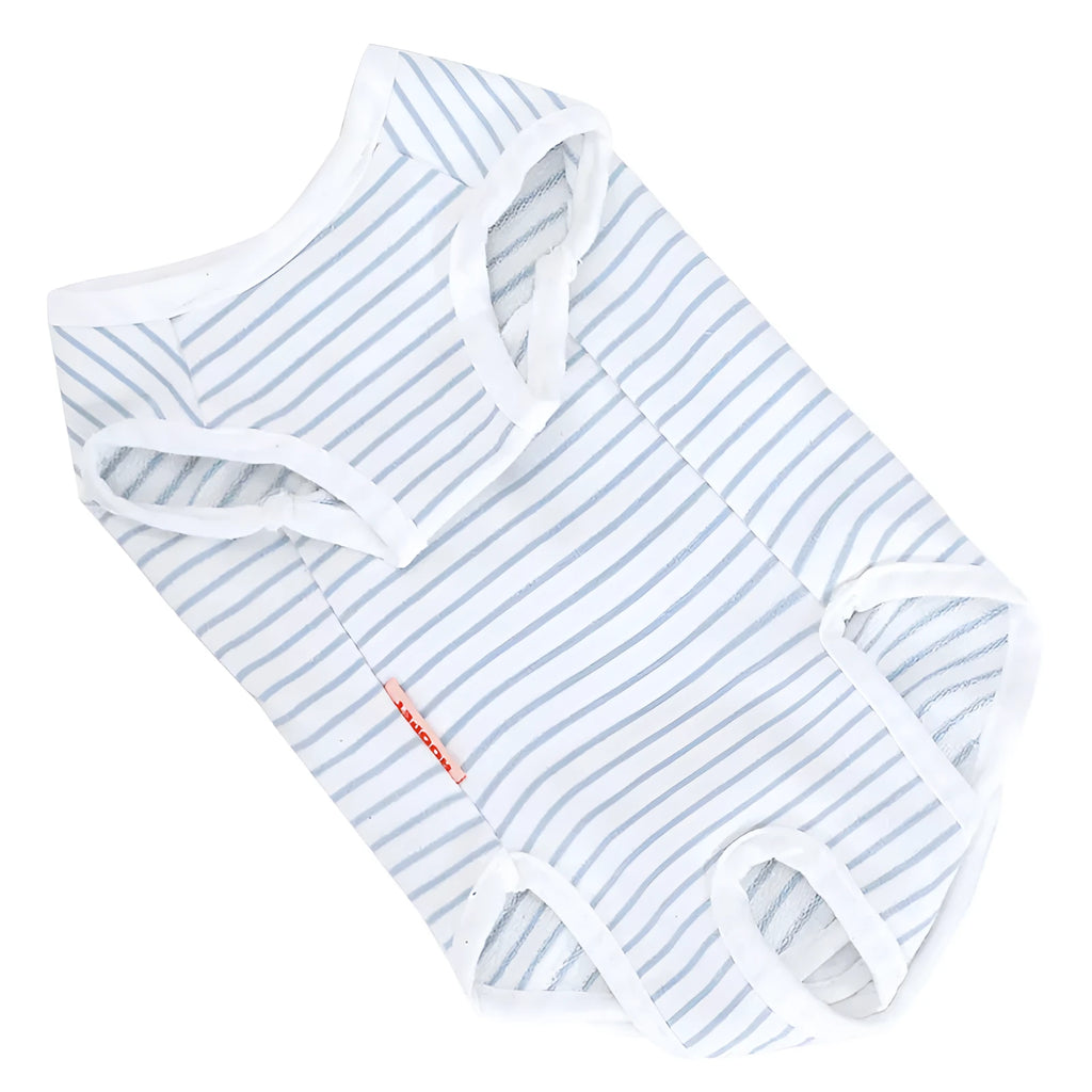 Blue and white cotton pet care suit with S M L XL sizes and bust neck back length measurements
