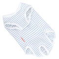 Blue and white cotton pet care suit with S M L XL sizes and bust neck back length measurements