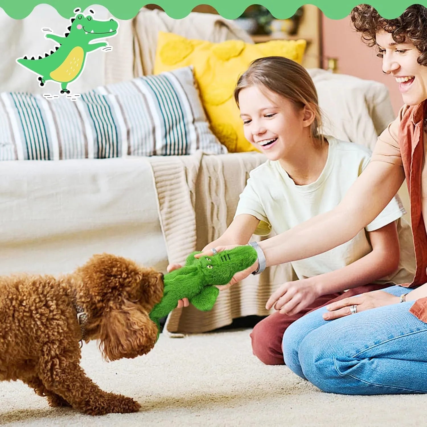 Green crocodile-shaped plush dog toy with no stuffing, squeaker in head, and crinkle paper tail