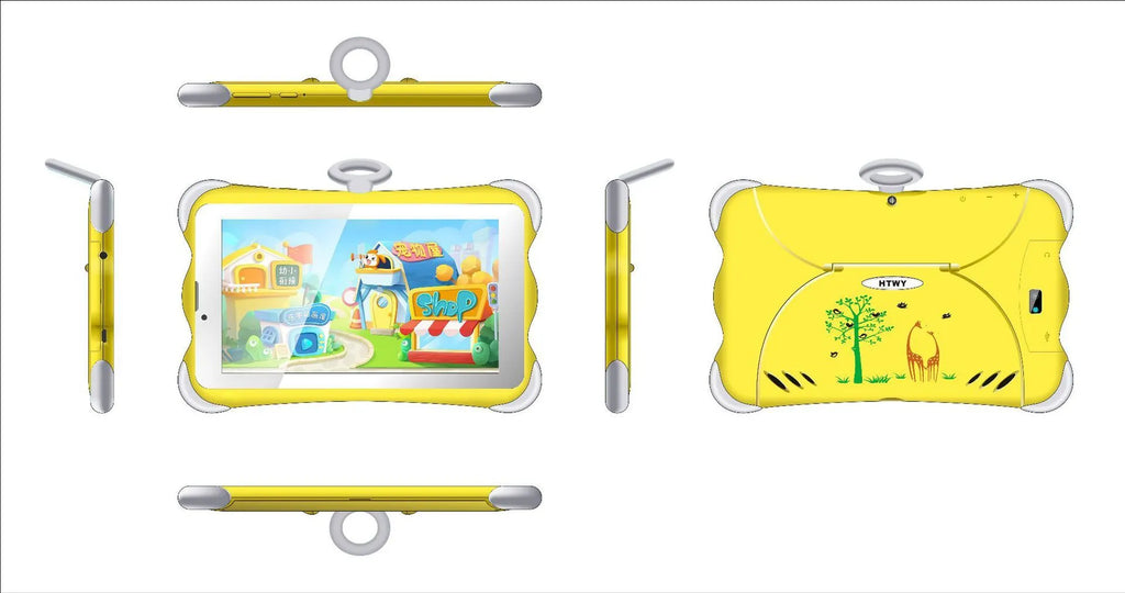 Cartoon-coloured 7-inch children's learning tablet with integrated stand shown in use.
