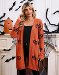 Women's black Halloween cardigan with orange pumpkin head jacquard knit pattern, straight cut with regular sleeves
