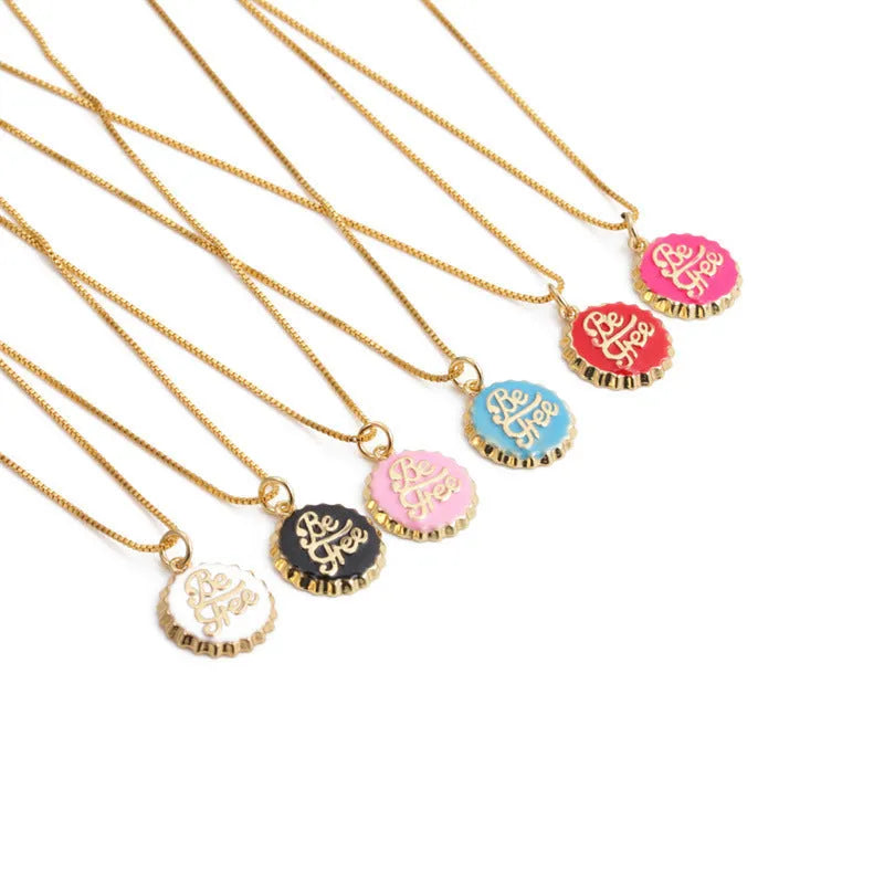 Copper bottle cap pendant necklace with 18K gold electroplated finish on a 40cm box chain