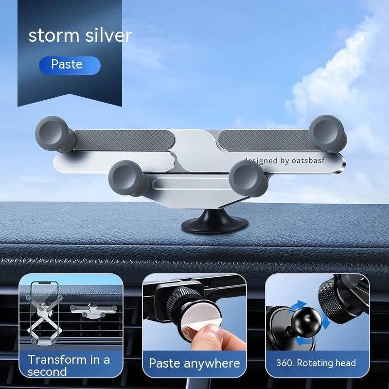 Car mobile phone holder with invisible alloy bracket for air vent or adhesive mounting in black, silver, or grey