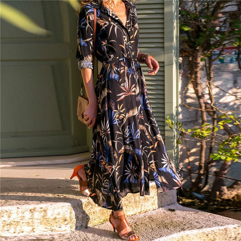 Women's Madrid Vintage print chiffon A-line dress with high waist and V-neck.