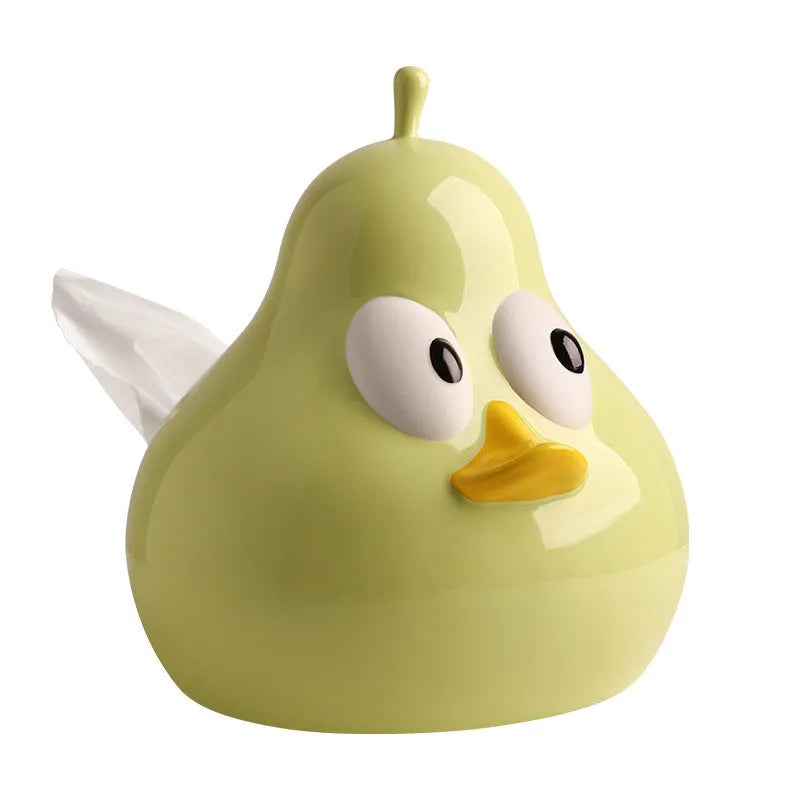 Green ceramic pear-shaped tissue box with cute animal design on white background
