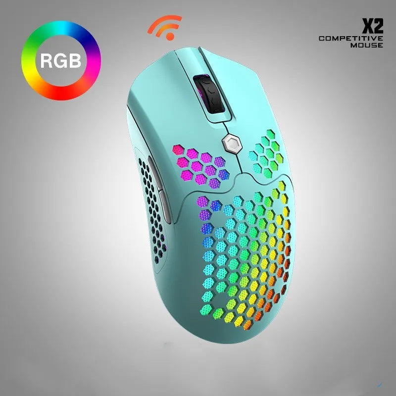 Free Wolf X2 wireless RGB gaming mouse in black, green, pink, white, or yellow with magnetic charger.