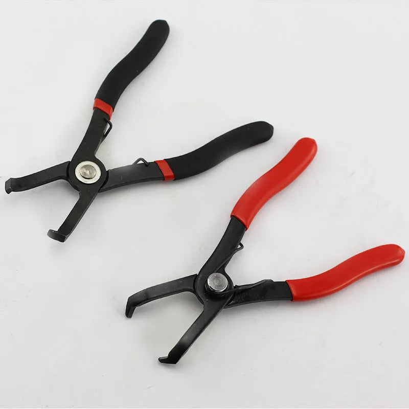 Red interior round nail removal pliers with PVC handles, showing jaw opening for fastener extraction.
