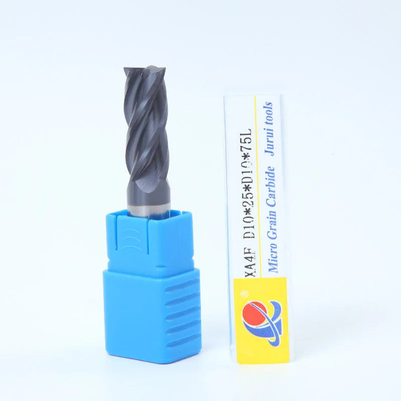 Carbide milling cutter with spiral flutes and straight shank on a grey background.