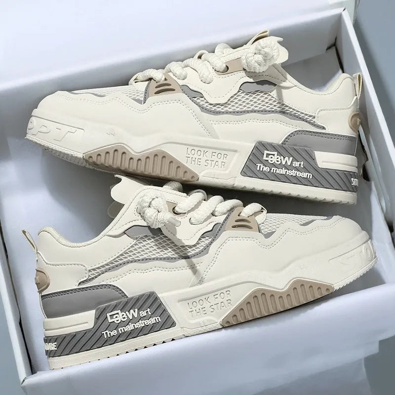 Men's low-top board shoes in white and yellow, white and black, and beige colourways with mesh lining