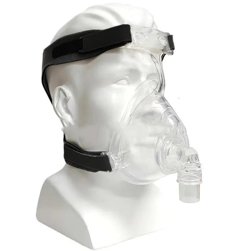 Transparent CPAP breathing mask with silicone construction and rotary elbow adapters for ventilator connection