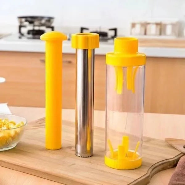 Yellow cylindrical corn stripper kitchen tool with ABS and stainless steel construction.