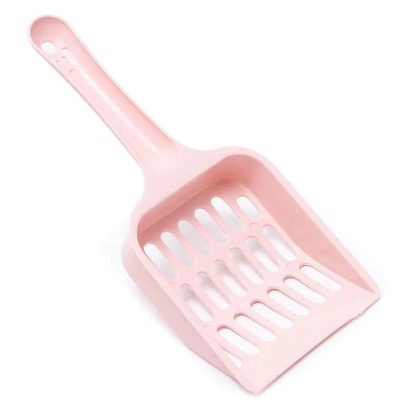 Blue plastic cat litter scoop showing its size on a white background.