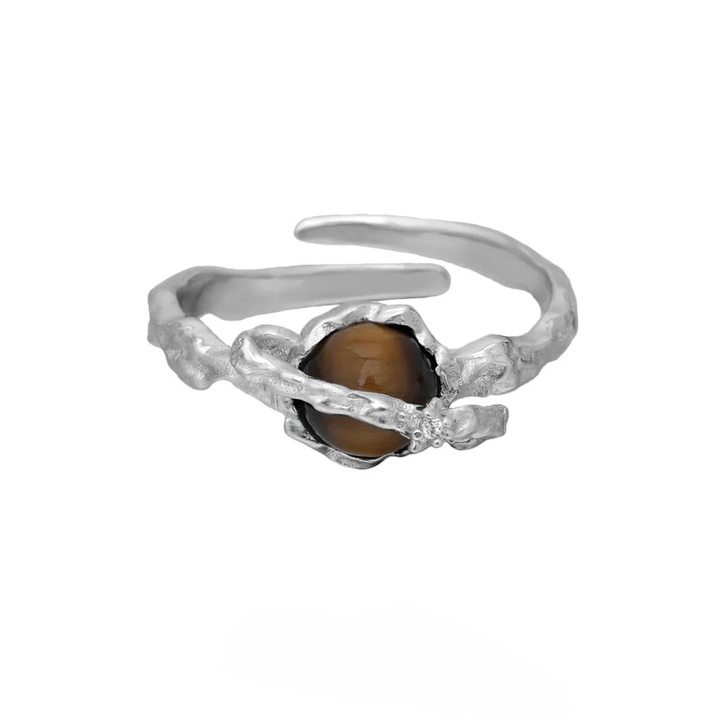 Saturn design adjustable silver open ring with white gold electroplating and tigereye pattern