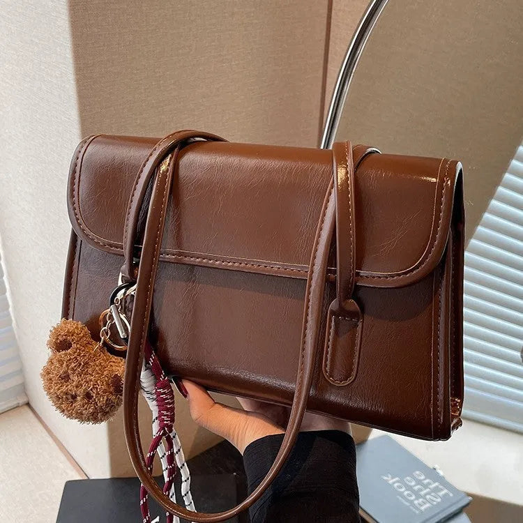 Women's Maillard style PU shoulder bag in brown with horizontal square shape and double strap