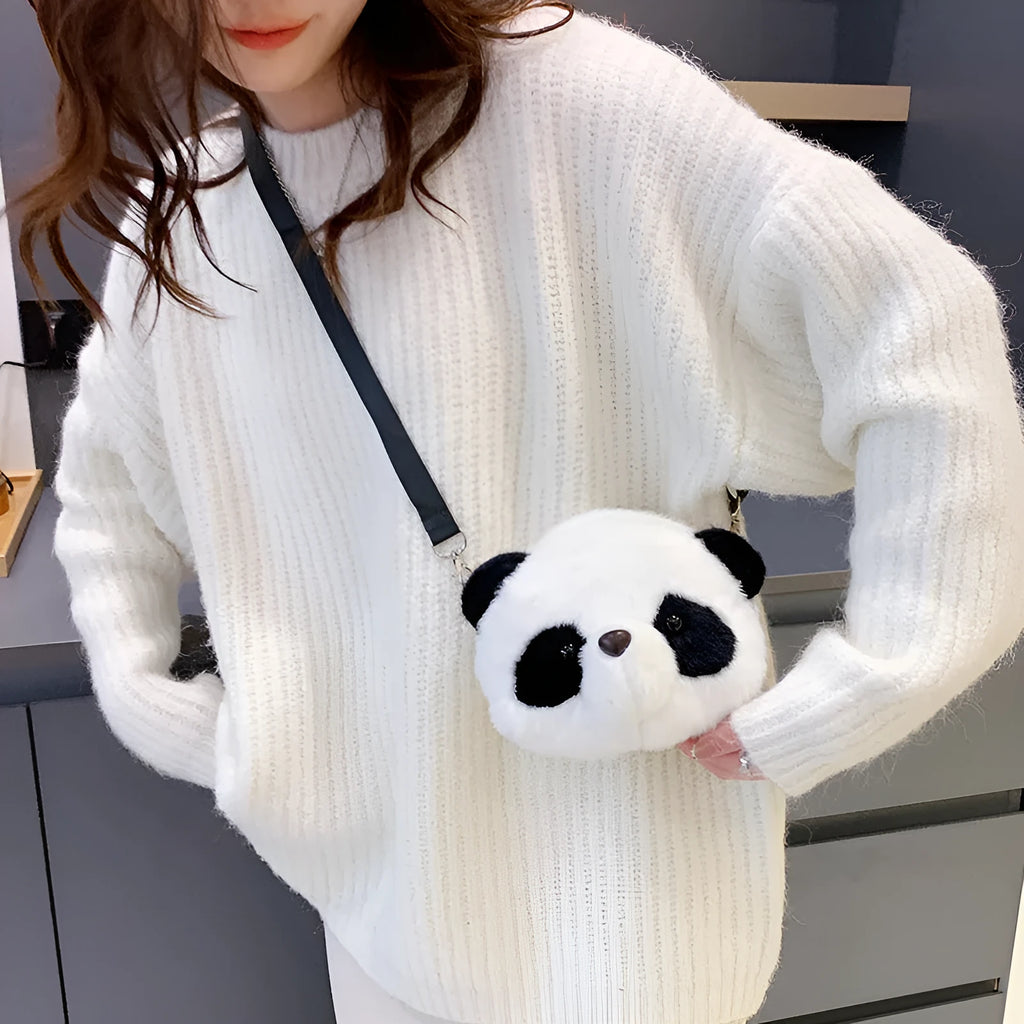 Panda head design plush crossbody bag with cylindrical shape and sandwich pocket