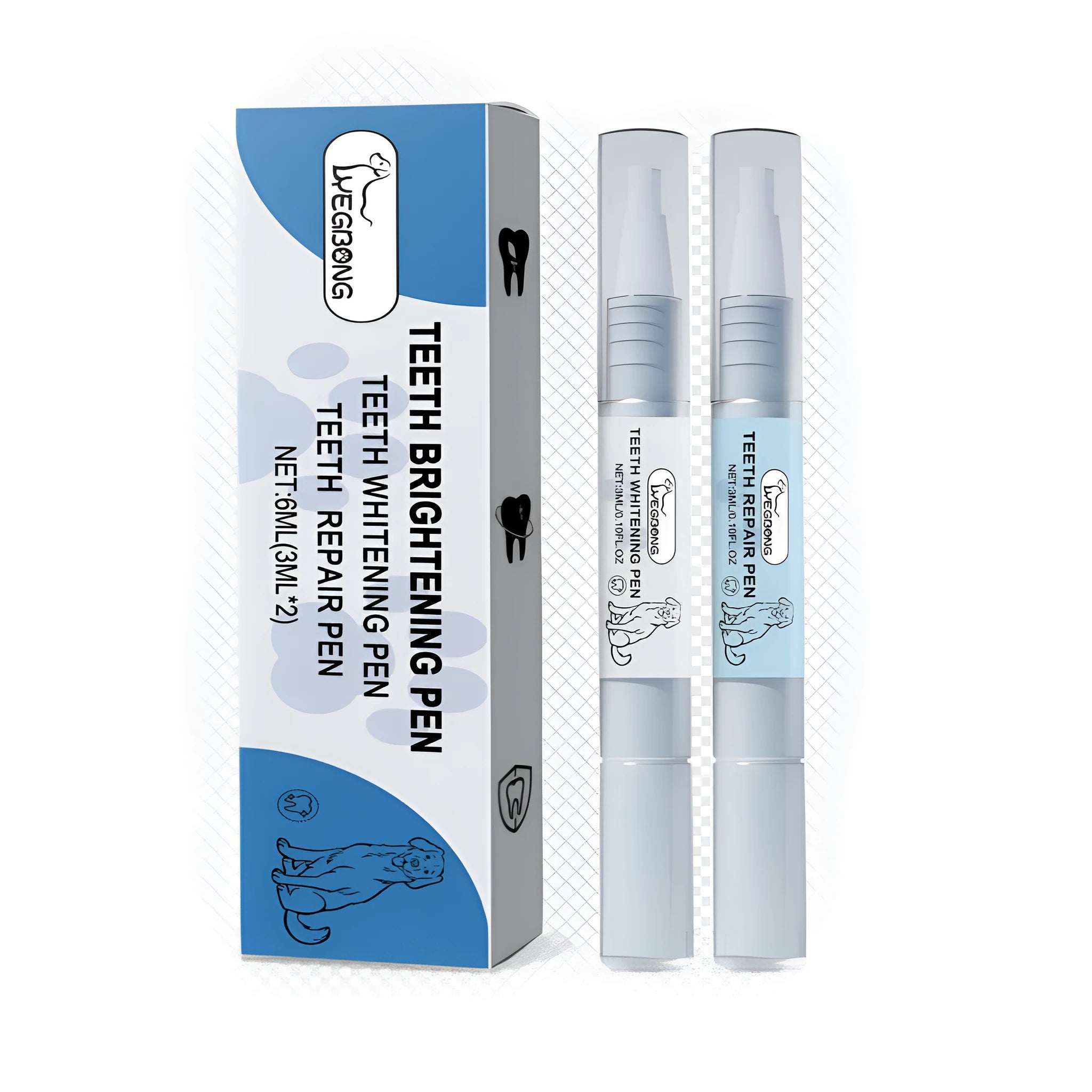 Pet tooth whitening pen set containing repair and brightening pens for canine and feline dental care