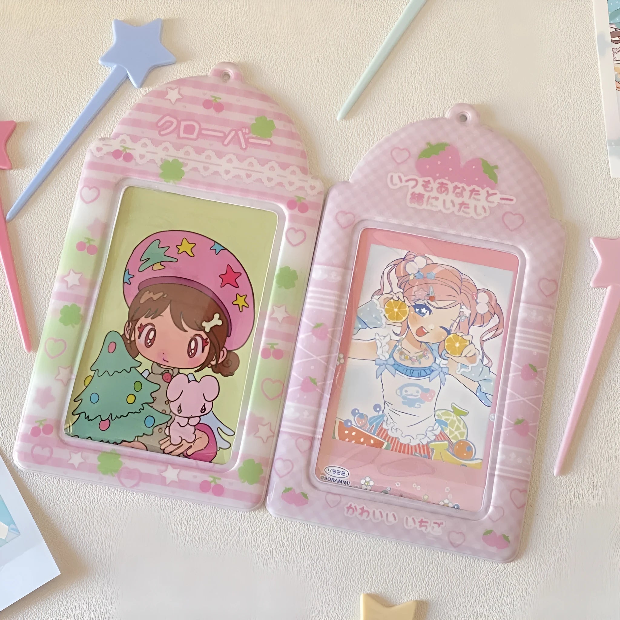 Plaid cartoon strawberry design PVC card holder pendant showing 7.6 by 13.6 cm sleeve