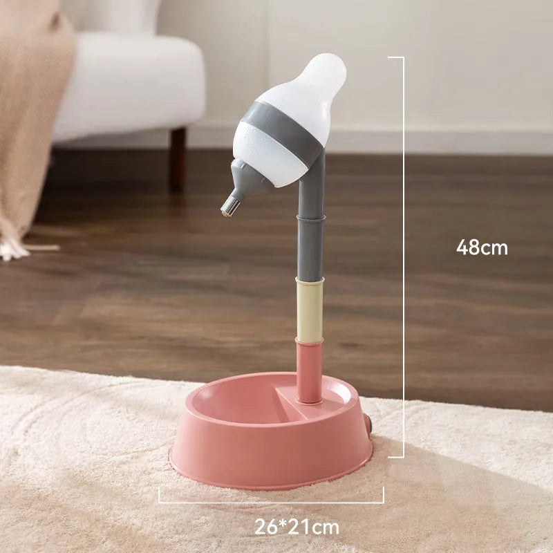 Grey adjustable height pet water dispenser with detachable pole and separate bowl on a wooden floor.