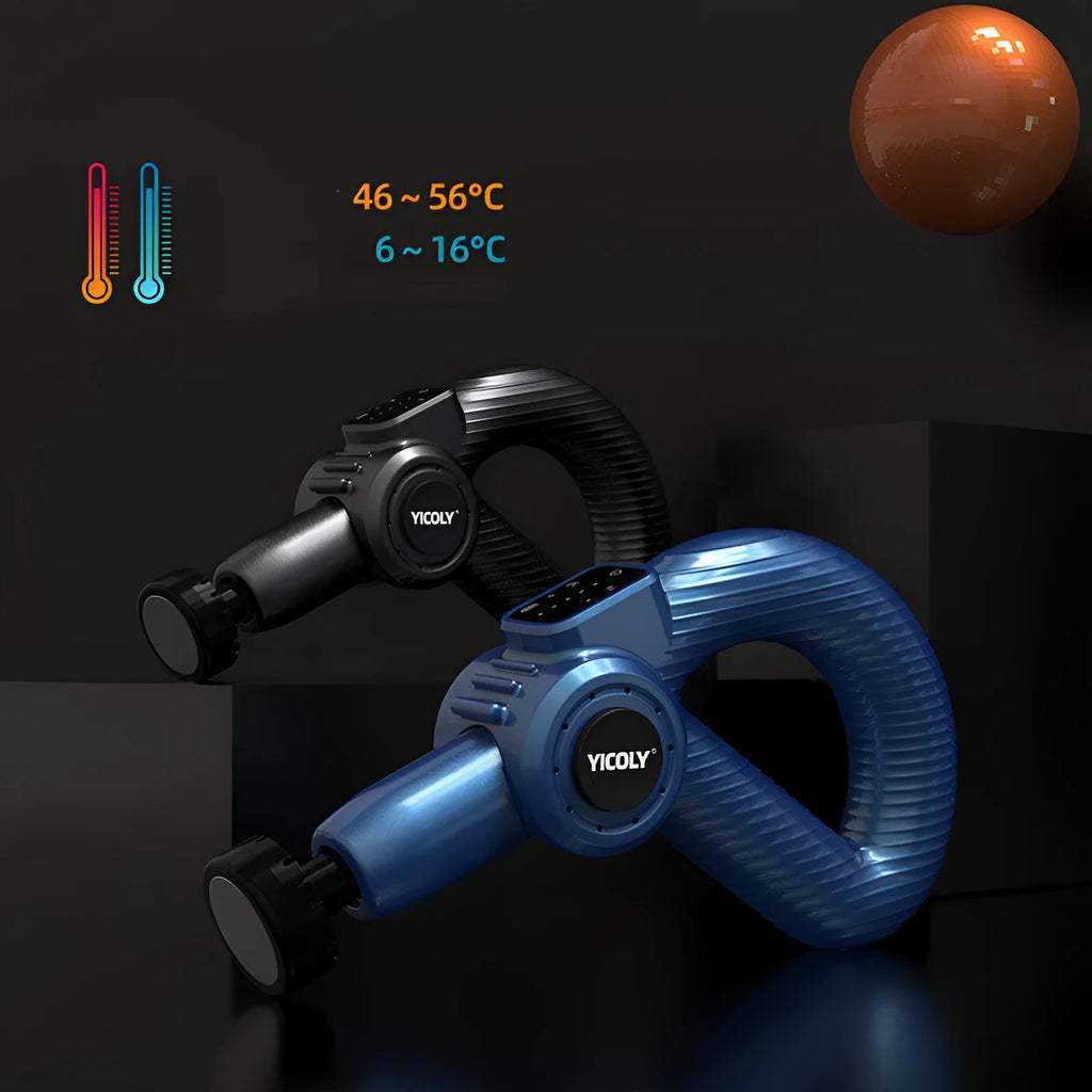 Black smart muscle massage gun with display, attached massage head, and additional heads on a grey background.